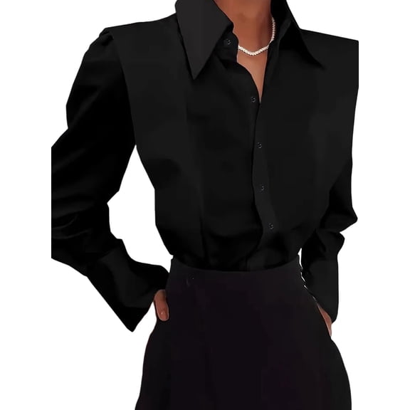 Womens Collared Padded Shoulder Long Sleeve Button Down Shirt Black L