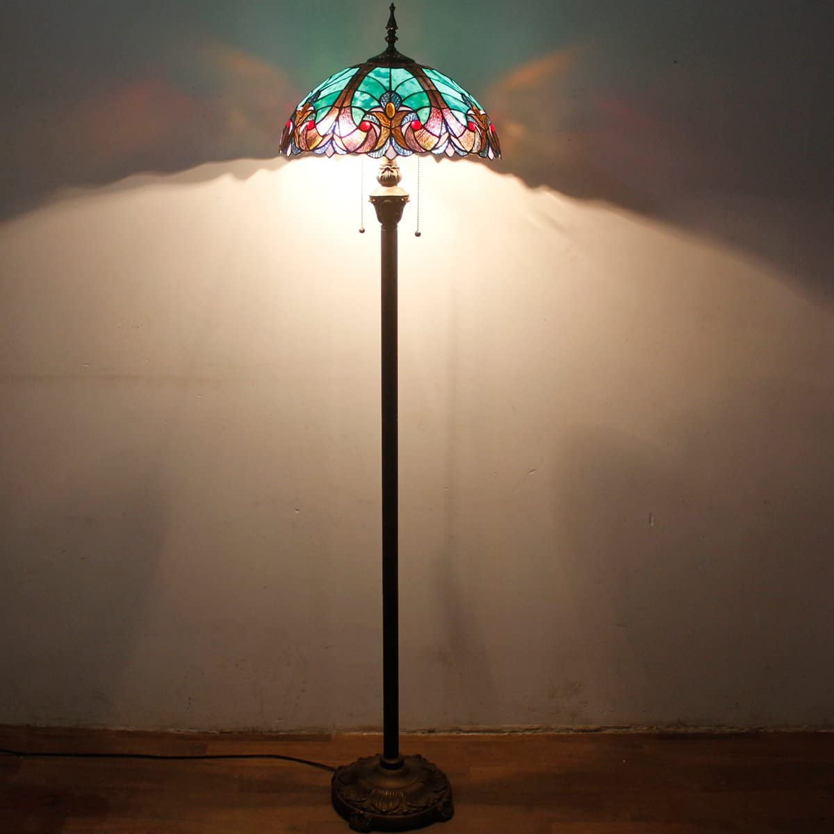 Tiffany Floor Lamp W16H64 Inch Green Stained Glass Liaison Style Shade 2E26 Antique Standing Reading Lighting Base S160G LAMPS Bedroom Coffee Table Living Room Bookcase Dresser Lover Gifts