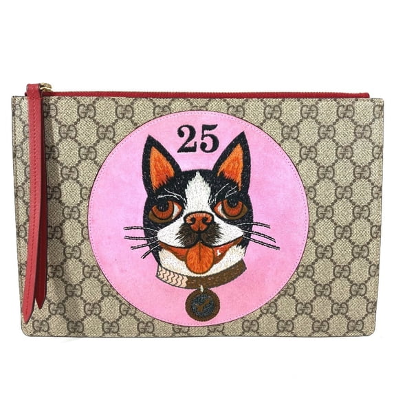 Pre-Owned GUCCI 506280 GG Supreme Dog Bosco Appliqu Pouch/Clutch Bag in Beige Canvas for Men...