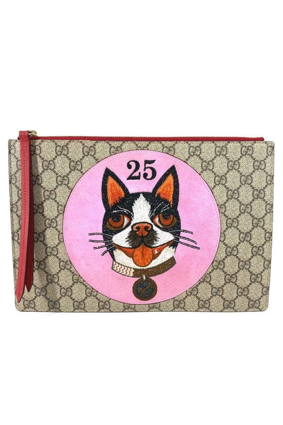 Pre-Owned GUCCI 506280 GG Supreme Dog Bosco Appliqu Pouch/Clutch Bag in Beige Canvas for Men...