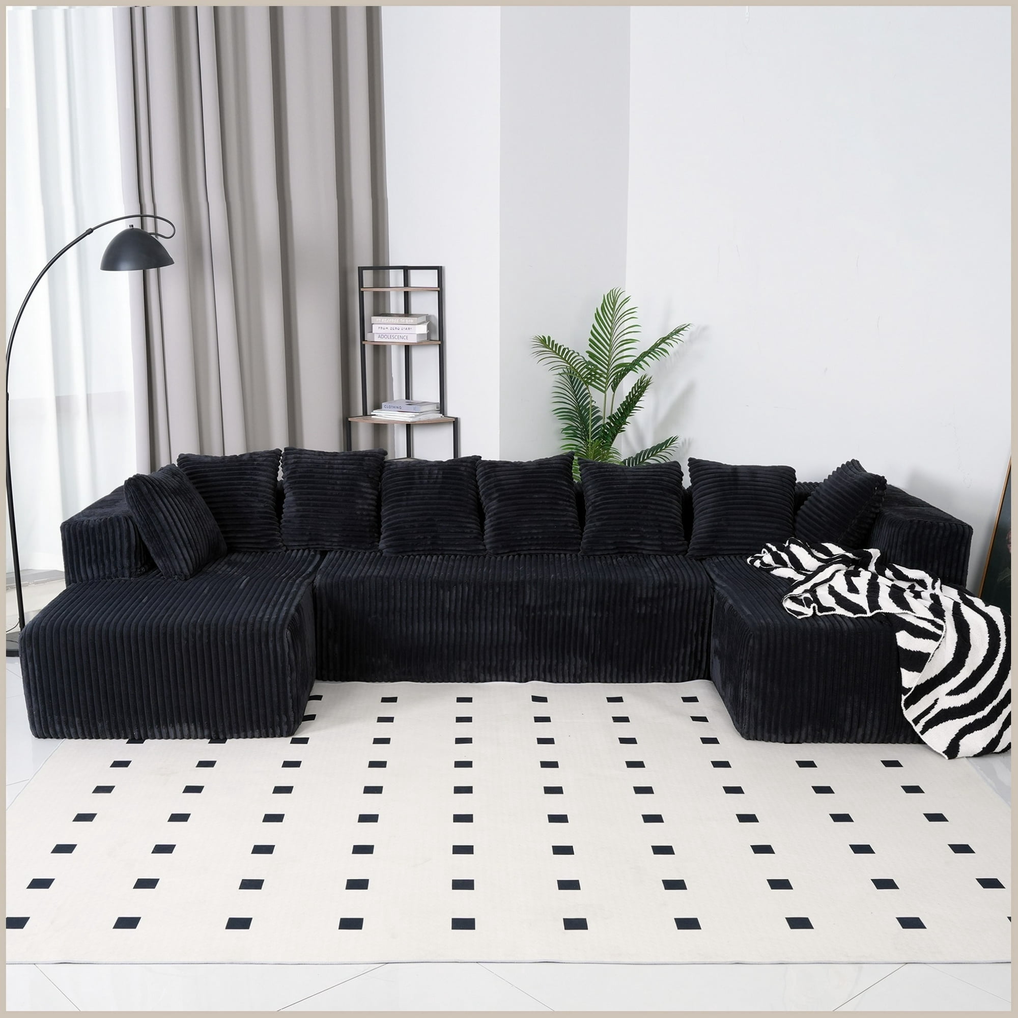 SOULART 130" Black U L-Shaped Modular Sectional Couch, U-Shaped Sofa with Chaise Lounge, Striped Corduroy Upholstered 4-Seater Sofa with Pillow Back and Square Arms