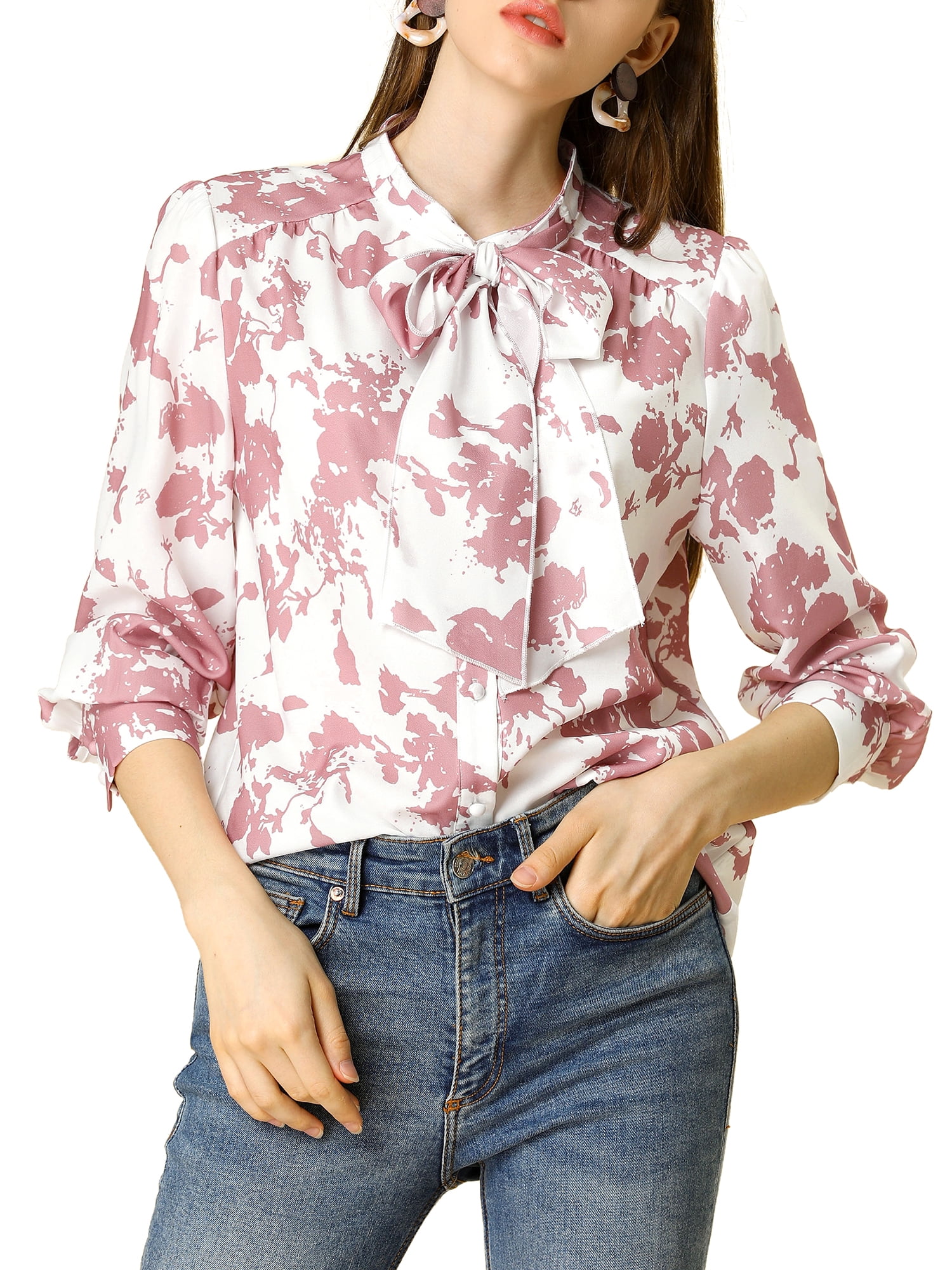 Allegra K - Allegra K Women's Floral Ruffle Sleeves Button Up Chiffon