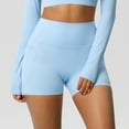 thumbnail image 5 of Women's High Waisted Yoga Shorts with Pockets – 3" High Stretch Tight Athletic Shorts for Running, Workout & Fitness, Side Pocket for Phone, Tummy Control Booty Lift Sky Blue XL, 5 of 8