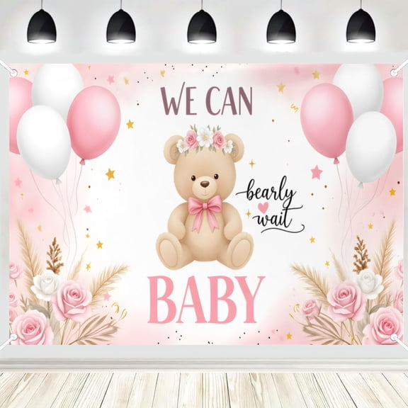 We Can Bearly Wait Baby Shower Backdrop, Pink Toy Bear Photography Background, Boho Floral Party Banner, Photo Booth Decor 16x24in