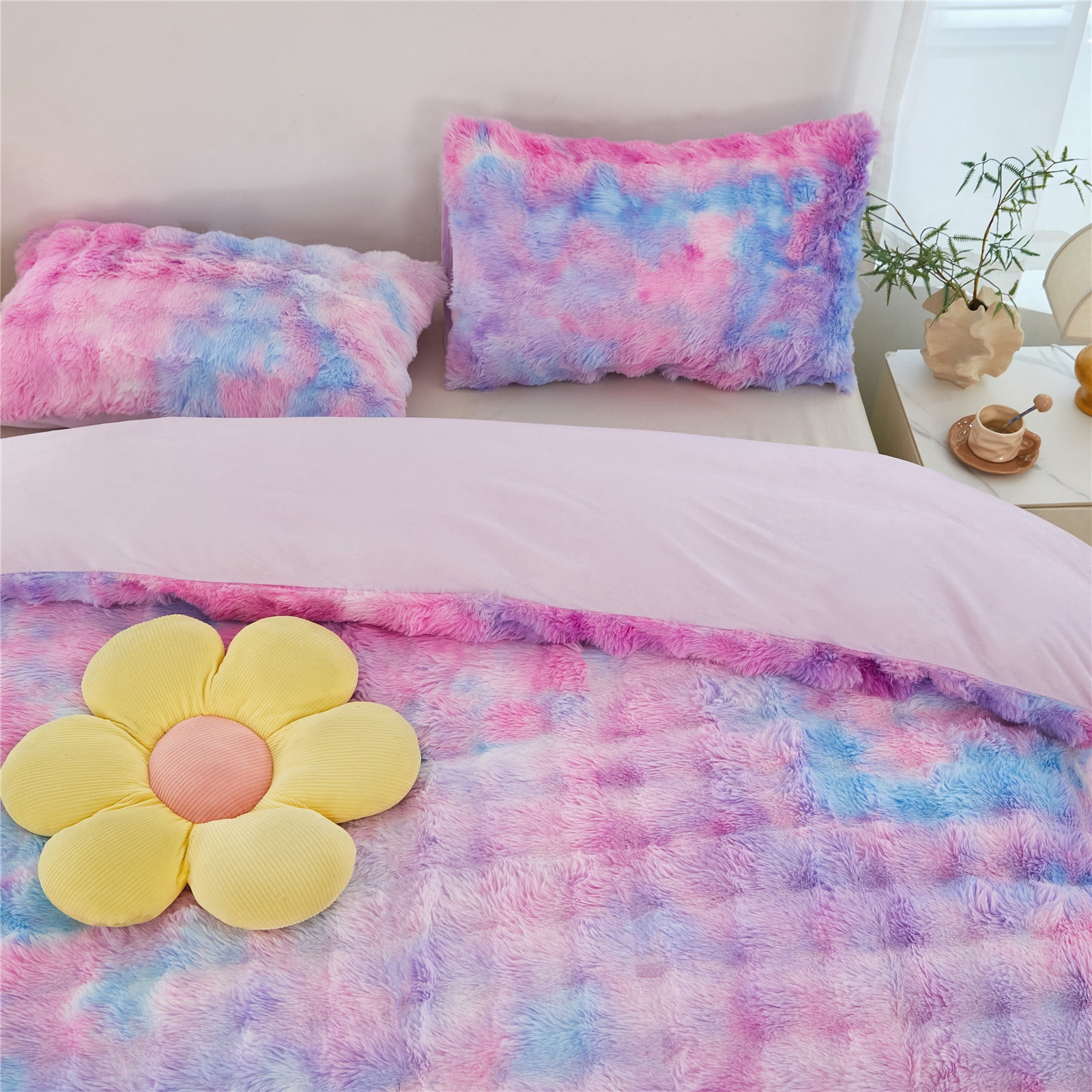 RYNGHIPY Faux Rabbit Fur Comforter Set Twin 3Pcs Girls Blue Purple Bedding Set Tie-Dyeing Soft Bed Comforter Set Warm Fuzzy Kids Bed Set