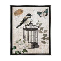 Stupell Industries Vintage Bird Cage Butterfly Floral Script Words Graphic Art Jet Black Floating Framed Canvas Print Wall Art, Design by Nan