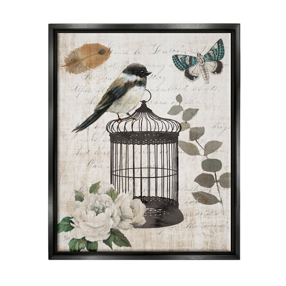 Stupell Industries Vintage Bird Cage Butterfly Floral Script Words Graphic Art Jet Black Floating Framed Canvas Print Wall Art, Design by Nan