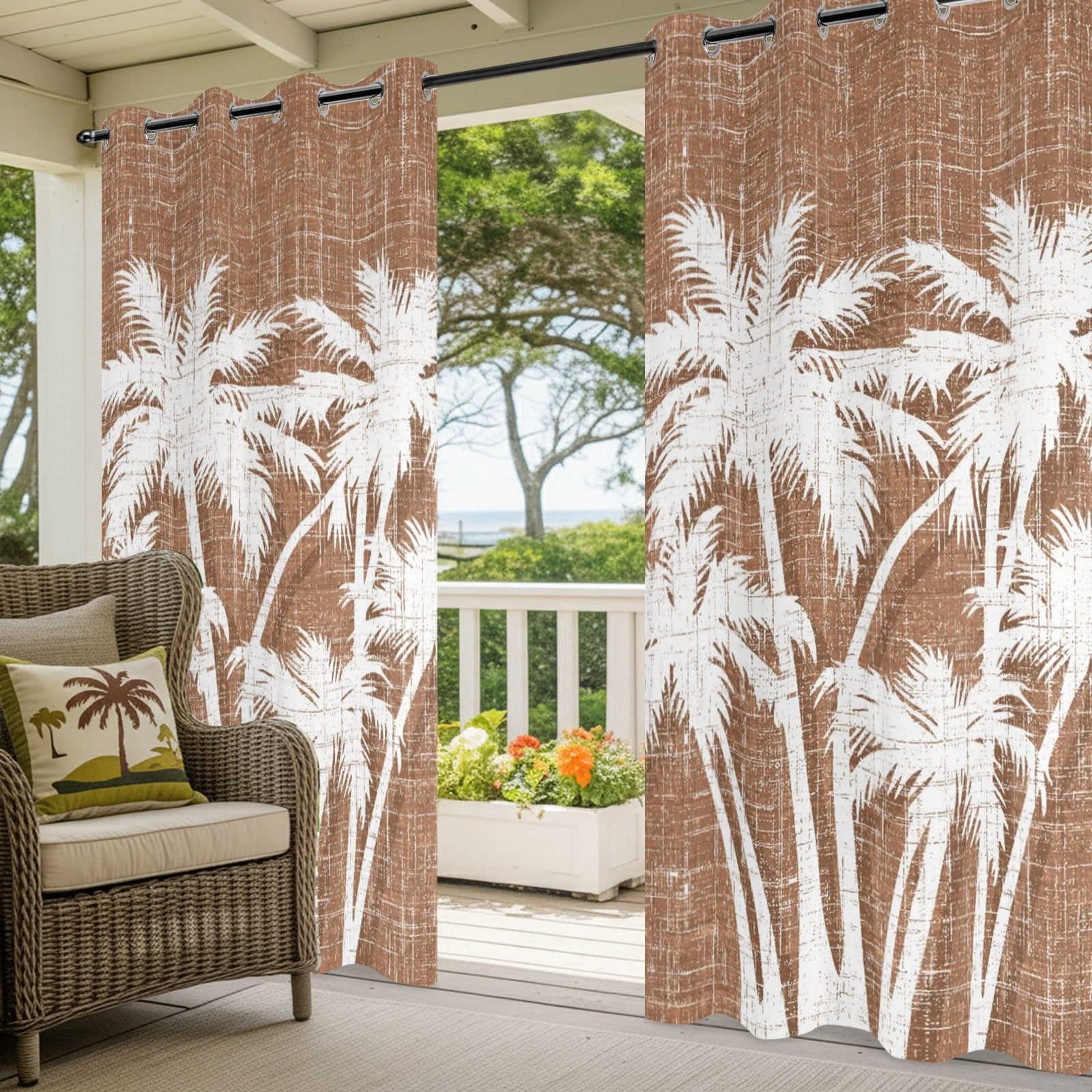 Palm Tree Outdoor Curtains for Patio, Tropical Plant Coastal Summer Brown Sunshade Privacy Drapes Grommet Waterproof Outside Curtains for Porch/Cabana/Balcony 54"x 108", 1 Panel