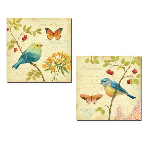 Lovely Song Bird, Butterflies and Floral Set by Daphne Brissonnet; Two 12x12in Poster Prints