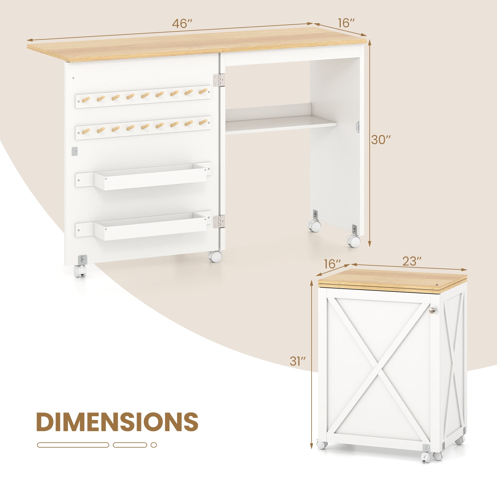 Gymax Folding Sewing Table w/ Compact Design Storage Shelf 2 Trays and 18 Pegs