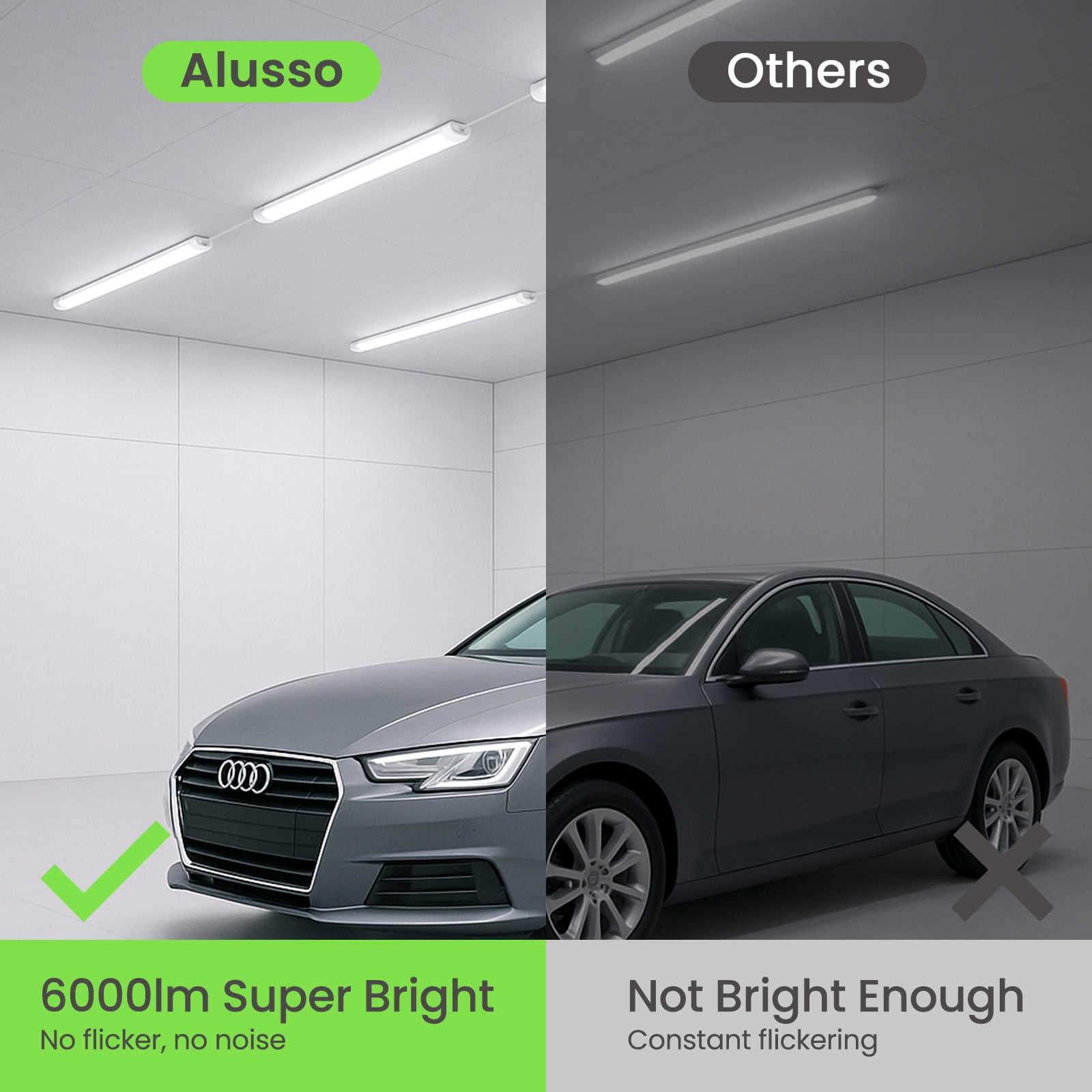 ALUSSO 4FT LED Shop Lights for Garage, 6000LM Super Bright Shop Lights with Pull Chain, 60W/45W/30W, 2700K/3000K/4000K/5000K/6500K Adjustable Led Shop Lights Linkable for Workshop, 2 Pack