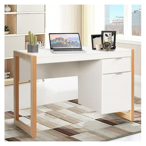 Computer Desk with Cabinet & Drawer, Modern Writing Workstation - White/Black