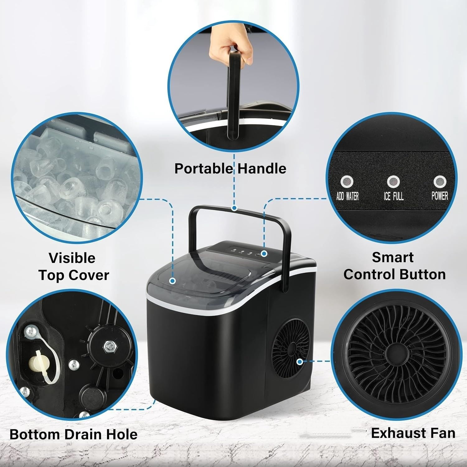 Ice Maker for Countertop, 26lbs Ice/24Hrs, 9 Ice Cubes Ready in 6 Mins, Self-Cleaning Feature, Ice Spoon and Basket Included, for Home, Kitchen, Camping, Party, Black