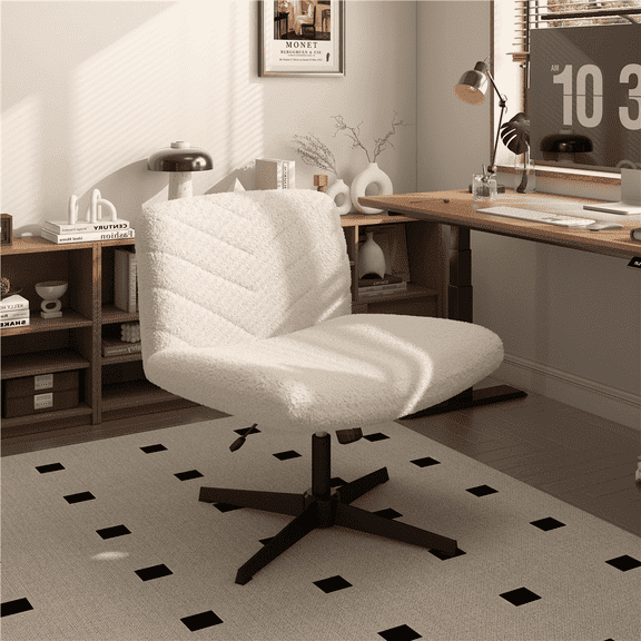 Yaheetech Fabric Swivel Desk Chair with No Arms and Extra Wide Seat, Beige, Ivory