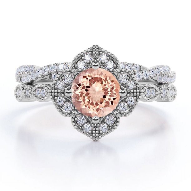 JeenMata Anillo Nupcial con Pavé Cruzado de Morganita y Moissanita en Forma Redonda de Color Rosa Melocotón con Diseño de Milgrain Floral Engastado en Oro Blanco de 18 K sobre Plata