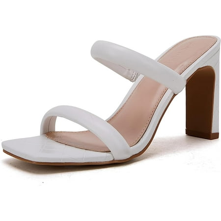 

Womens Square Open Toe Heeled Sandals Two Strap High Heel Backless Dress Slip On Mules