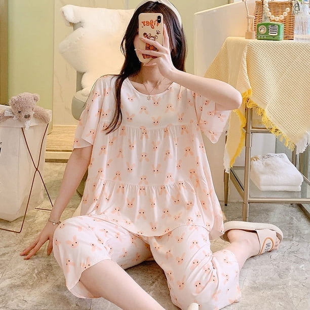 Pijama de seda de algodón de manga corta de verano para mujer, estilo occidental, fino, con aire acondicionado, ropa de casa, traje de seda de algodón para estudiantes dulces para niñas