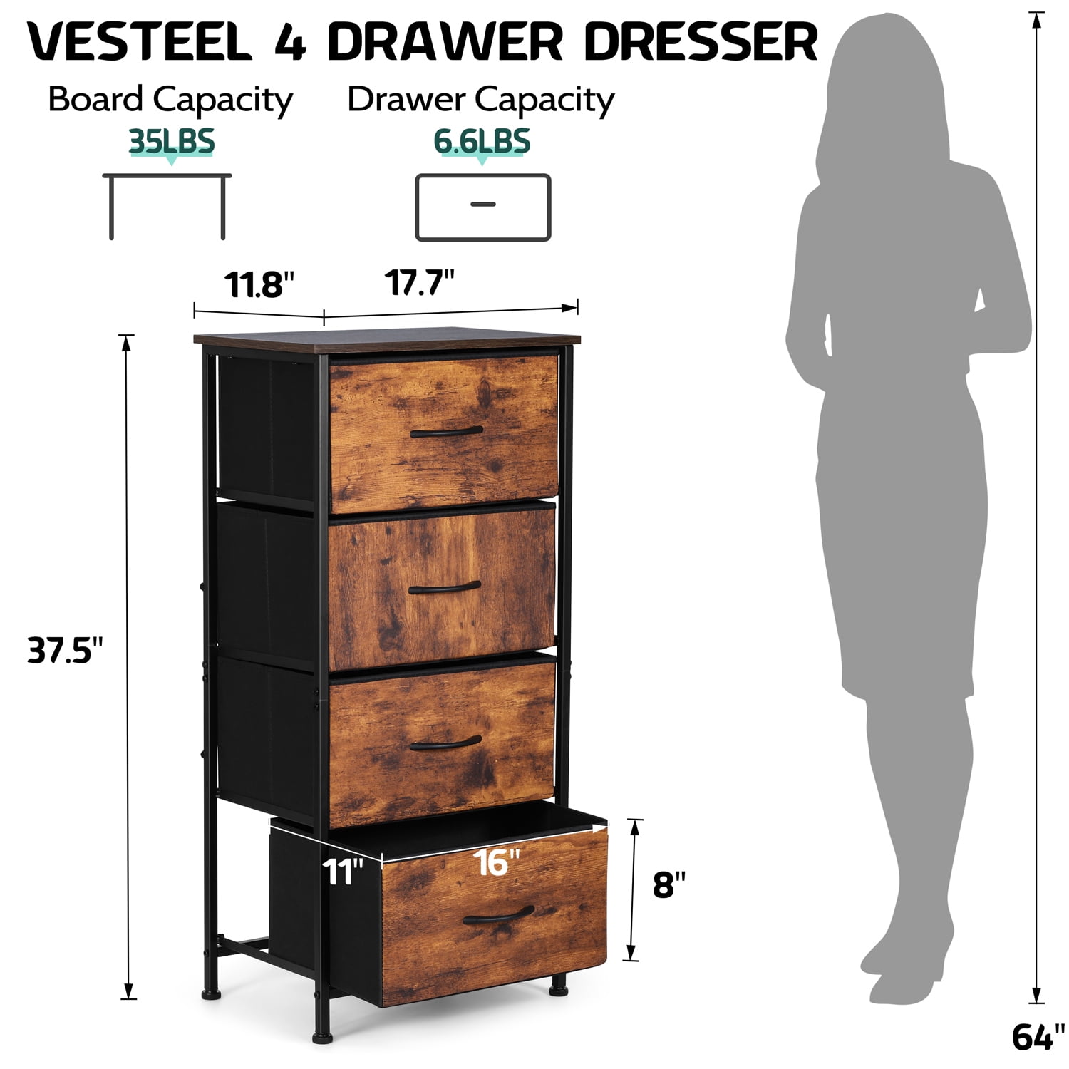 4 Drawers Dresser for Bedroom, Vesteel Fabric Chest of Drawers Tall Storage Tower with Wood Top and Sturdy Steel Frame, Storage Organizer Unit for Closet, Living Room, Hallway - Rustic Brown