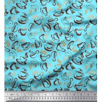 Soimoi Blue Moss Georgette Fabric Plate & Teacup Beverages Printed Craft Fabric by the Yard 42 Inch Wide