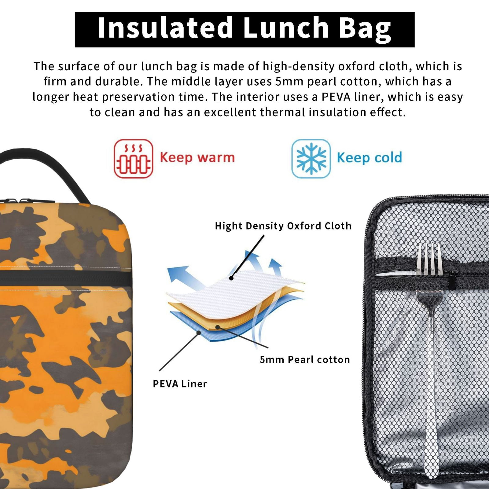 Lunch Bag For Women Men Insulated Portable Lunch Box Bento Box Office Picnic Travel Cooler Bag Texture Camo Army Orange_2