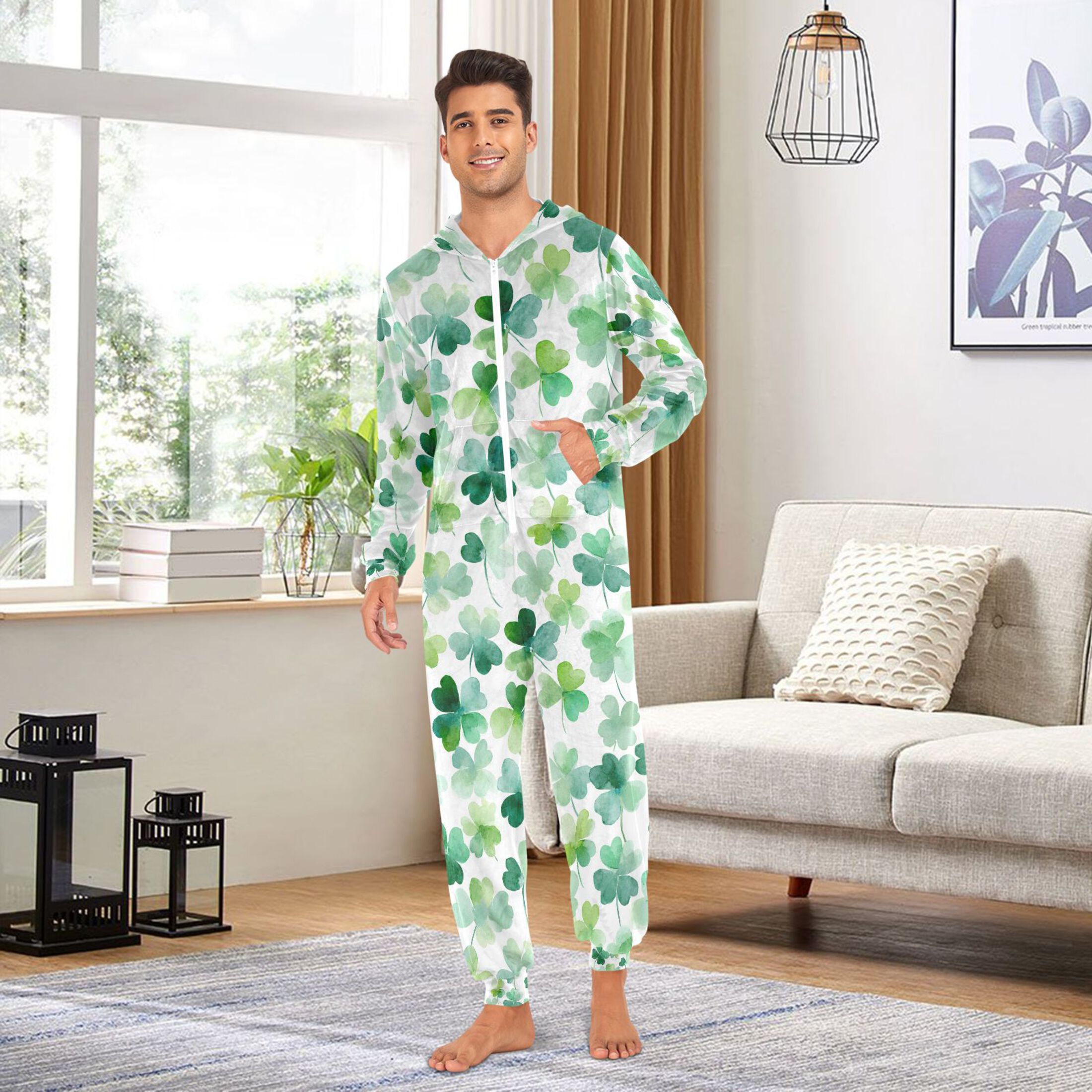 Adult Christmas Onesie Many Four-leaf Clovers Adult Zipper One-Piece Pajamas Unisex Pajamas with Pockets