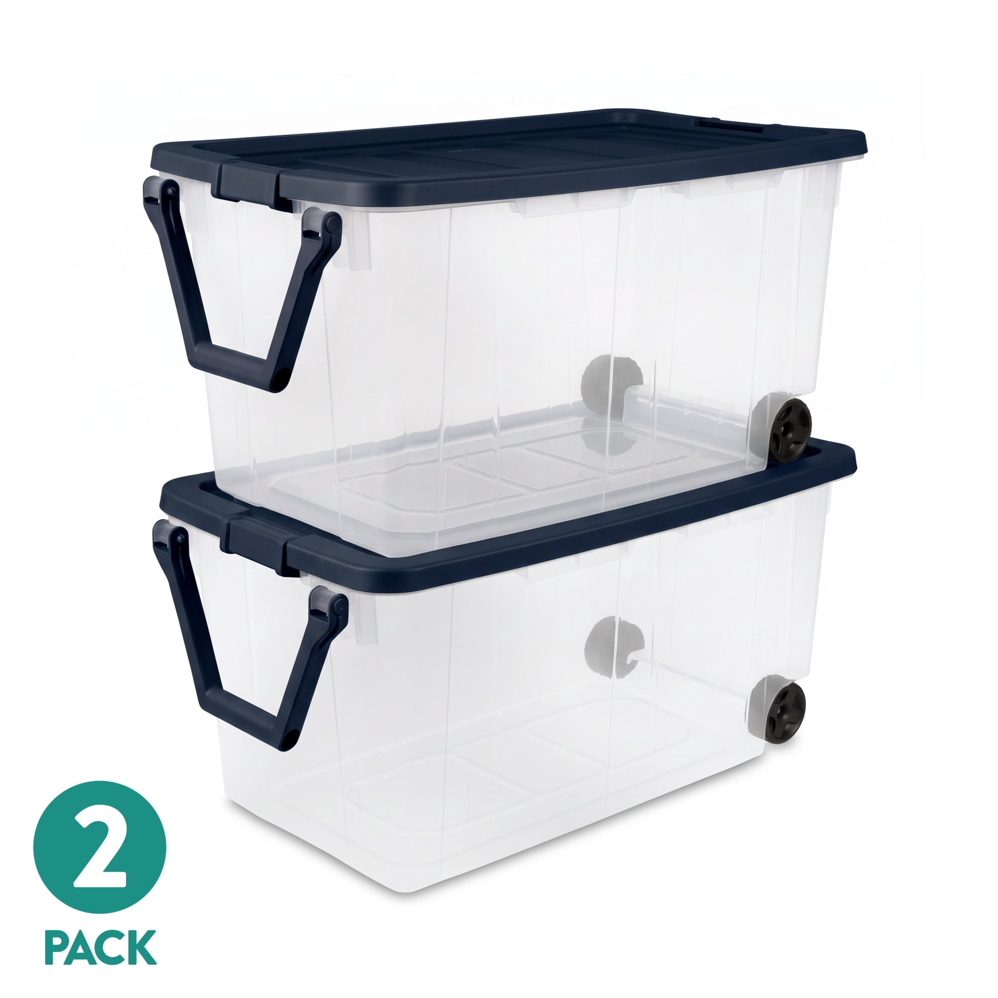 Sterilite 160 Qt XL Clear Plastic Wheeled Storage Bin with Latch Lid and Pull Handle Blue 2 Pack