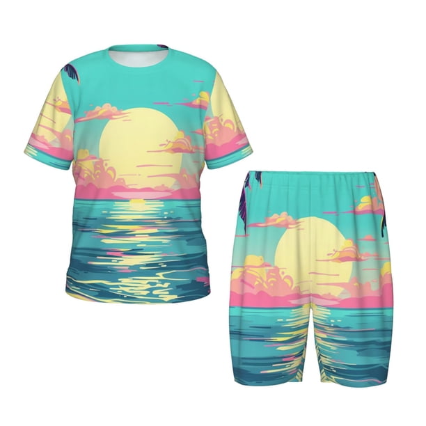 Balery Retro Palm Beach Sunset Conjunto de Pijama Infantil de Manga Corta con Estampado – Ropa de Dormir de Algodón Suave-4X-Large