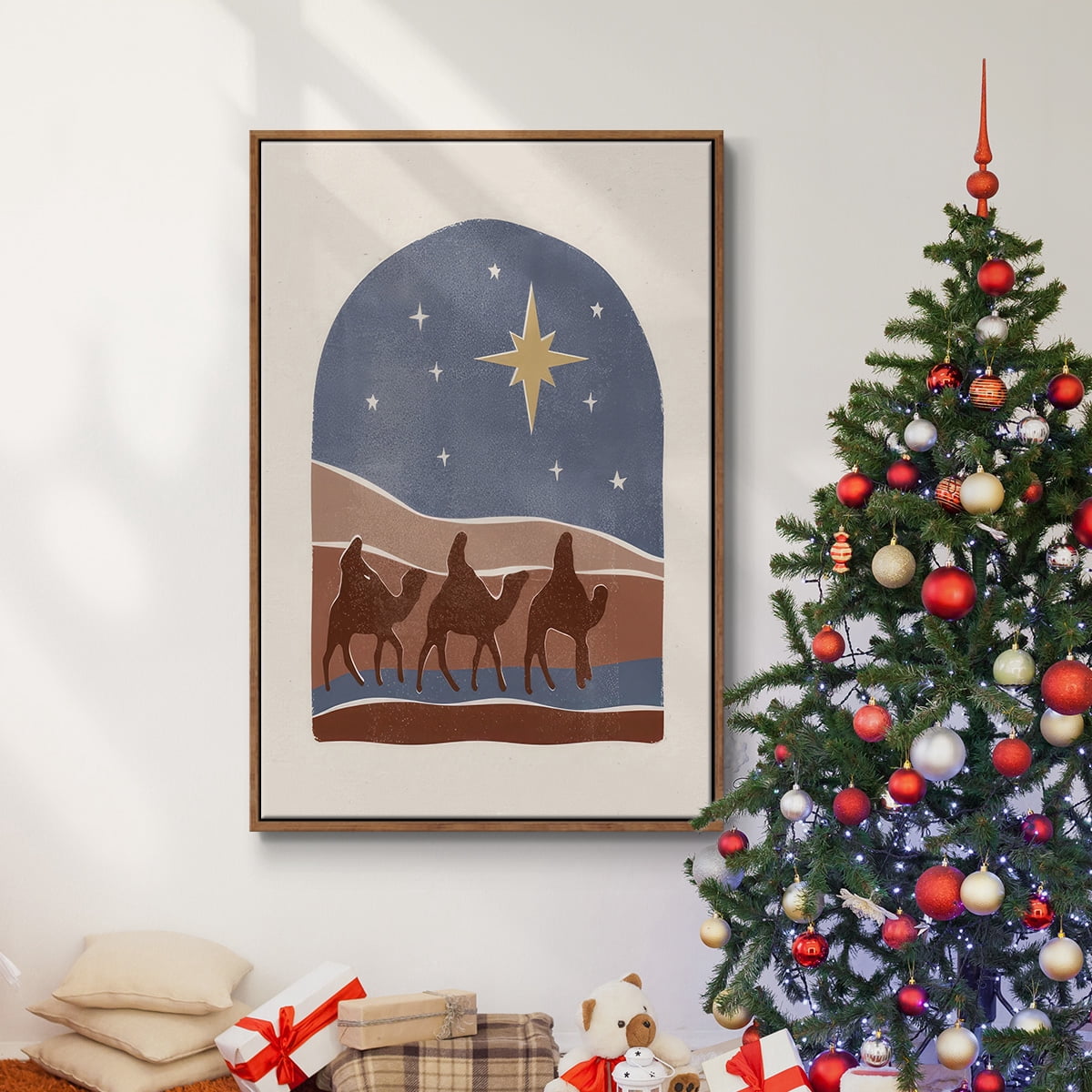 Boho Nativity II - Framed Gallery Wrapped Holiday Canvas - 17 x 25 - Rosewood Frame