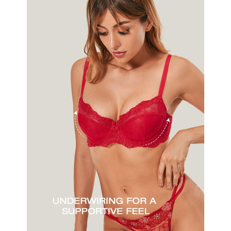 Deyllo Women's Sheer Lace Non Padded Full Cup Underwire Plus Size Bra, Red  36C