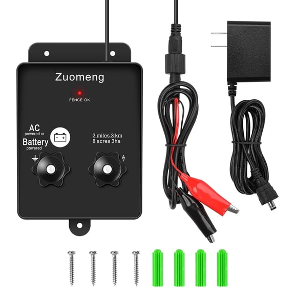 Zuomeng 2-in-1 Electric Fence Energizer, 2-Mile/8-Acre, 0.1J, Battery/Adapter Powered, 110-120V, for Farm, Garden & Livestock