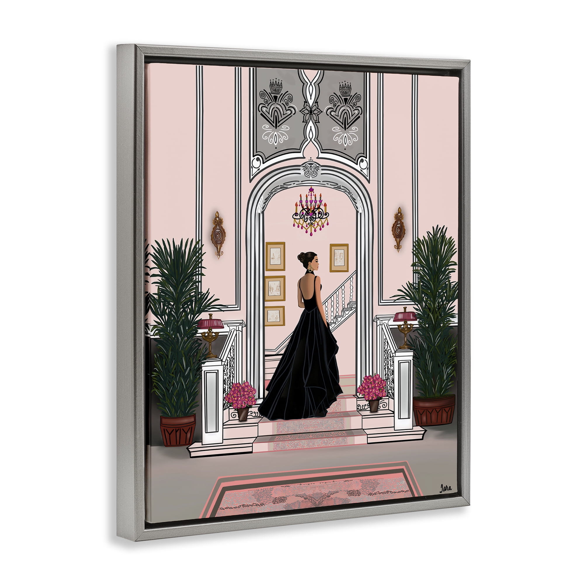 Stupell Industries Mansion Girl in Gown Gray Framed Floater Canvas Wall Art, design by Tara Boone