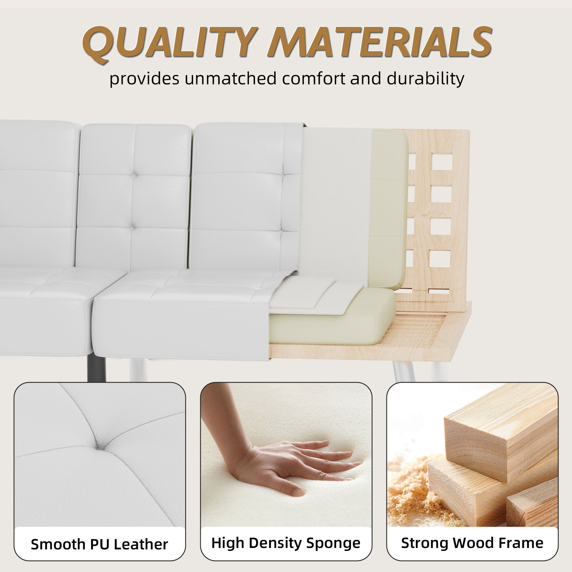 Vineego Modern Faux Leather Couch Convertible Folding Futon Sofa Bed with 2 Cup Holders,White