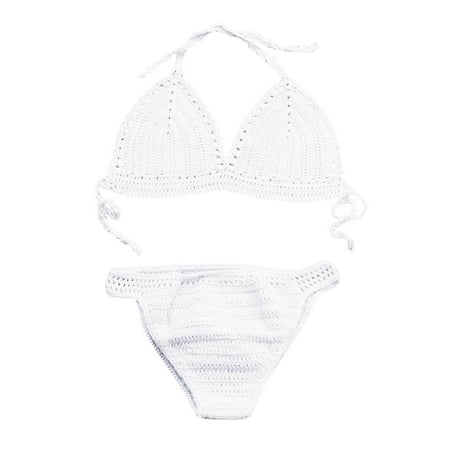 Women s Trendy Crochet Triangle Bikini Set Knitted Bathing Suits Padded Bra Beach Swimsuit Hollow out Backless Summer Strap Halter Neck Two-Piece Swimwear White XL