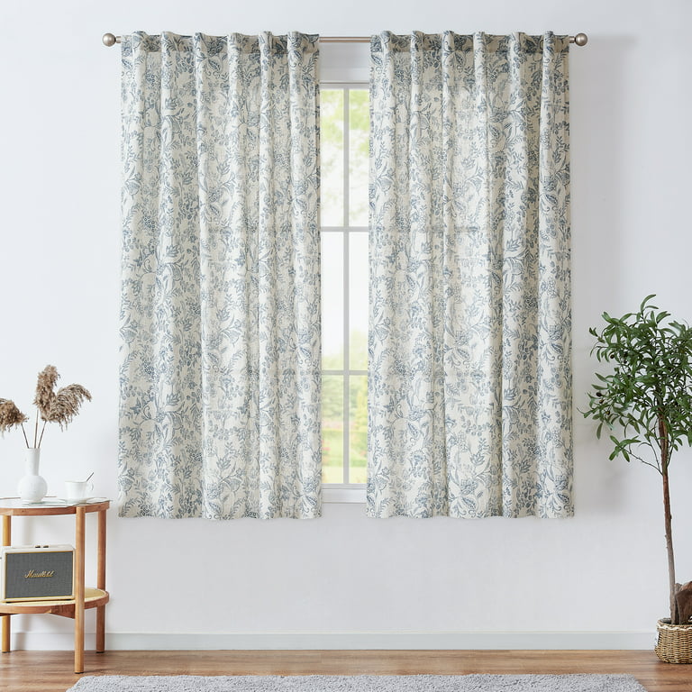 Curtainking Fl Curtains Linen Farmhouse For Living Room 63 Inch Country Back Tab Semi Sheer Light Filtering 2 Panels Blue On Beige Com