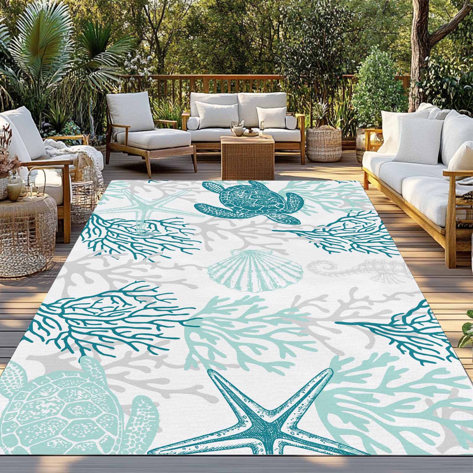 Fsddascl Turquoise Coastal Outdoor Rug for Patio/Deck, Non-Slip Large Area Rug 6 x 9 Ft, Sea Turtle Nautical Coral Summer Beach Indoor Outdoor Rugs Washable Area Rugs, Reversible Camping Rug Carpet