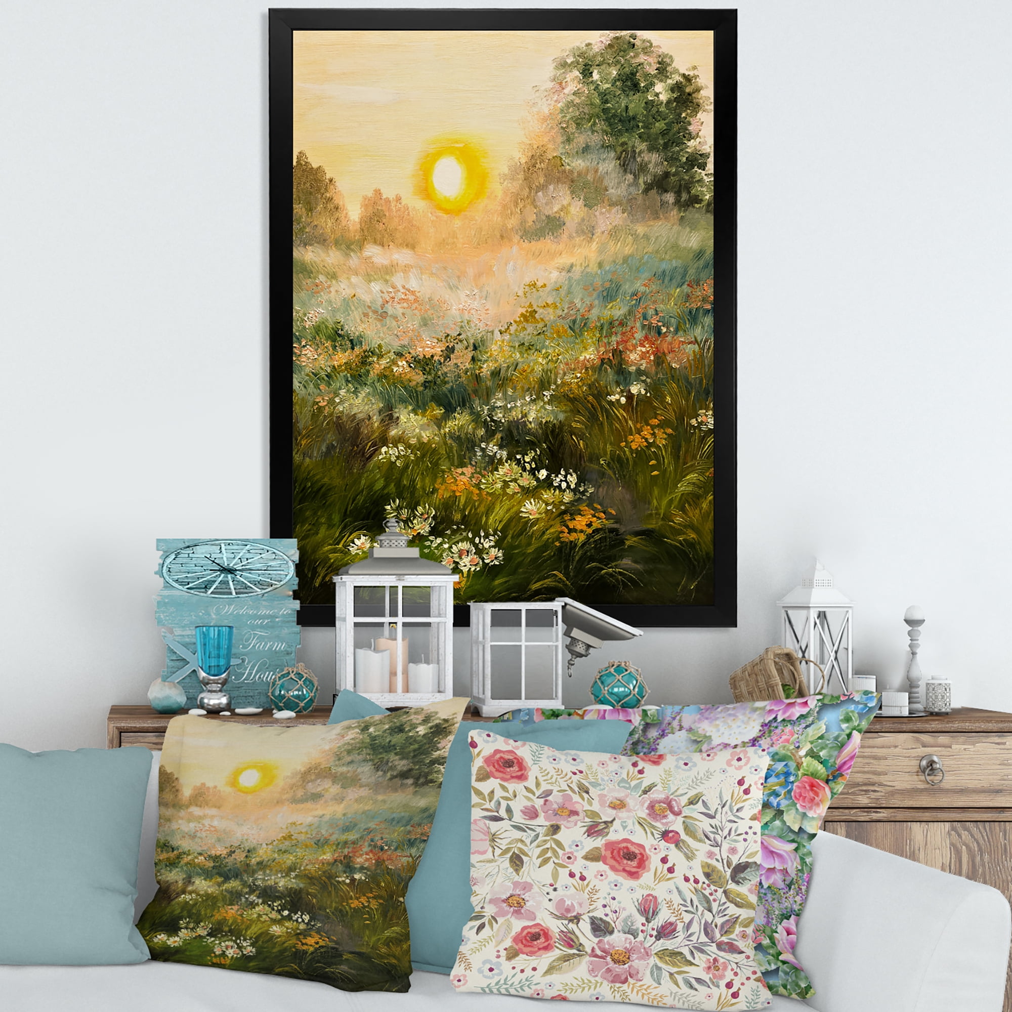 Designart 'The Blossoming Field With Sunrise' Farmhouse Framed Art Print