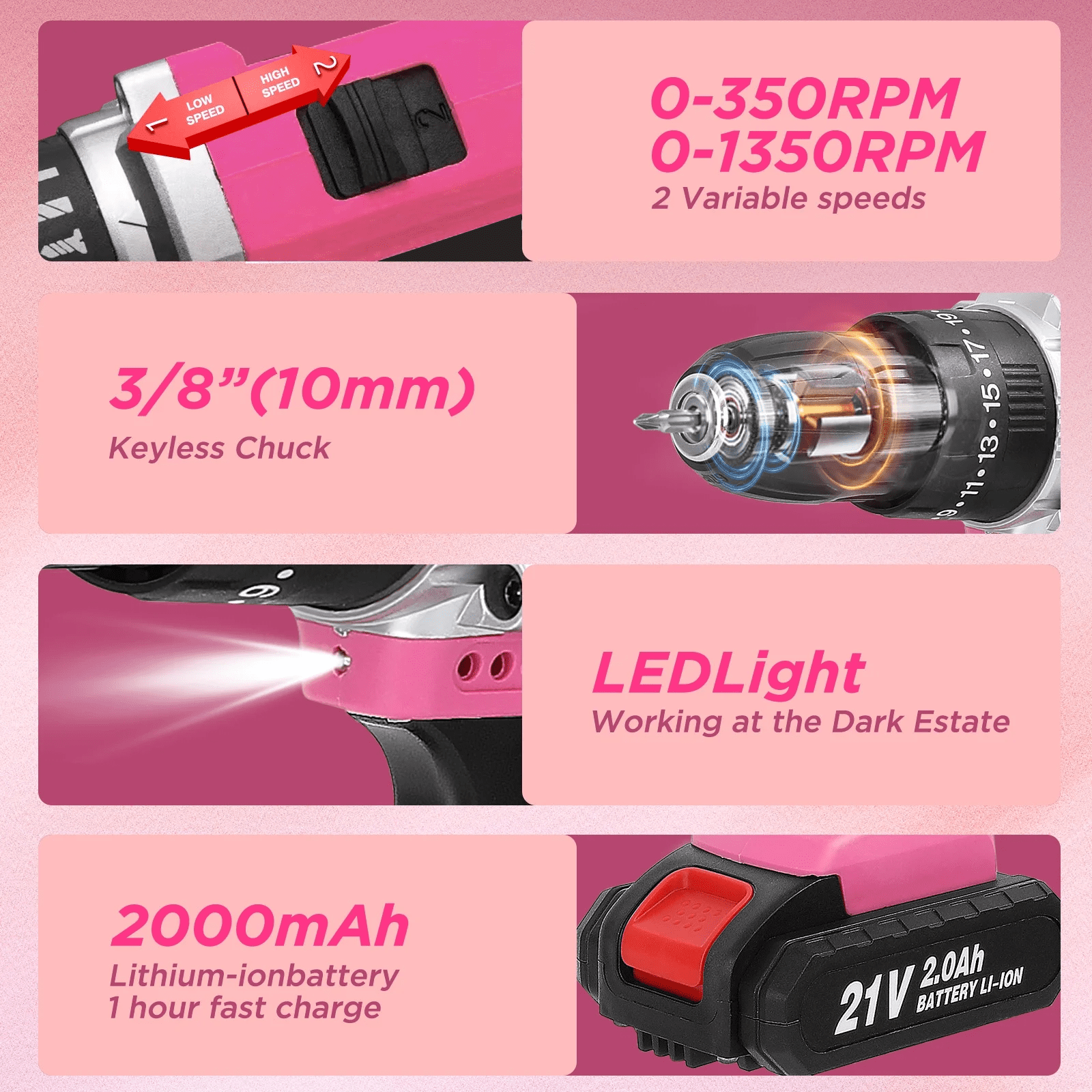 Euur Cordless Drill, 21V Power Drill Set with 2Ah Battery, 3/8"Keyless Chuck, 25+1 Position Electric Drill, 2-Speed Transmission For Screwdriving And Drilling, Pink