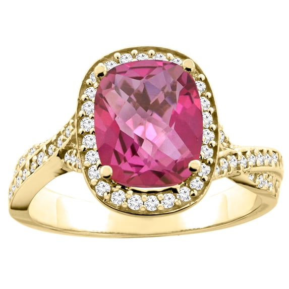 14K Yellow Gold Natural Pink Topaz Halo Ring Cushion 9x7mm Diamond Accent 1/2 inch wide, size 7.5