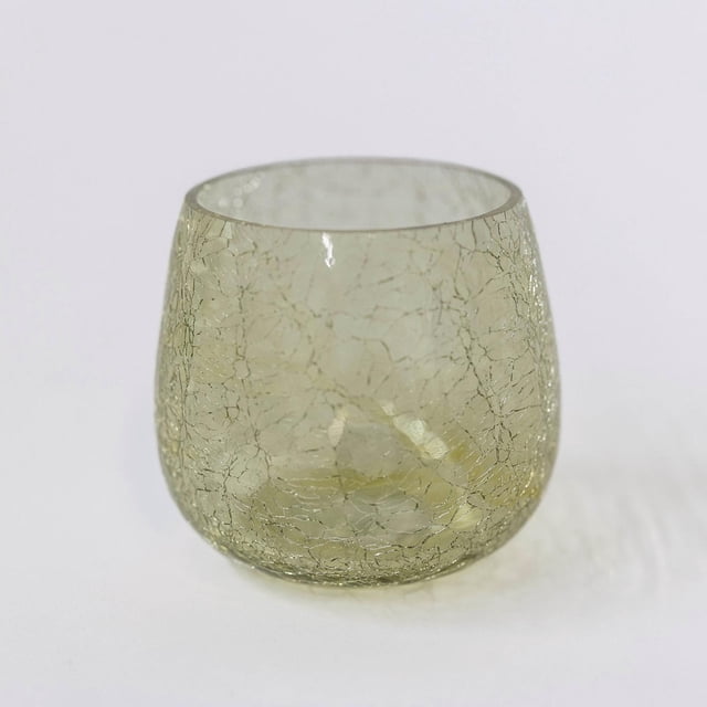 Set of 2 Light Yellow Crackled Glass Candle Holder