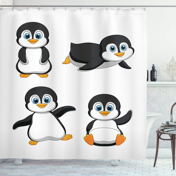 Baby Shower Curtain, Cute Penguin Cartoon Waving Standing Sliding Smiling  Animal Humor Antarctica, Fabric Bathroom Set with Hooks, 69W X 70L Inches,  Black Blue Orange, by Ambesonne 