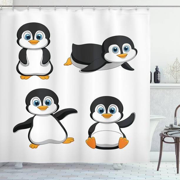 Baby Shower Curtain, Cute Penguin Cartoon Waving Standing Sliding Smiling Animal Humor Antarctica, Fabric Bathroom Set with Hooks, 69W X 70L Inches, Black Blue Orange, by Ambesonne Baby Shower Curtain, Cute Penguin Cartoon Waving Standing Sliding Smiling Animal Humor Antarctica, Fabric Bathroom Set with Hooks, 69W X 70L Inches, Black Blue Orange, by Ambesonne
