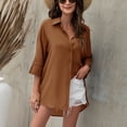 thumbnail image 2 of Women Button Down Shirt Turn Down Collar Three Quarter Sleeve Irregular Hem Pure Color Loose Fit Lady Blouse Caramel Color M, 2 of 7