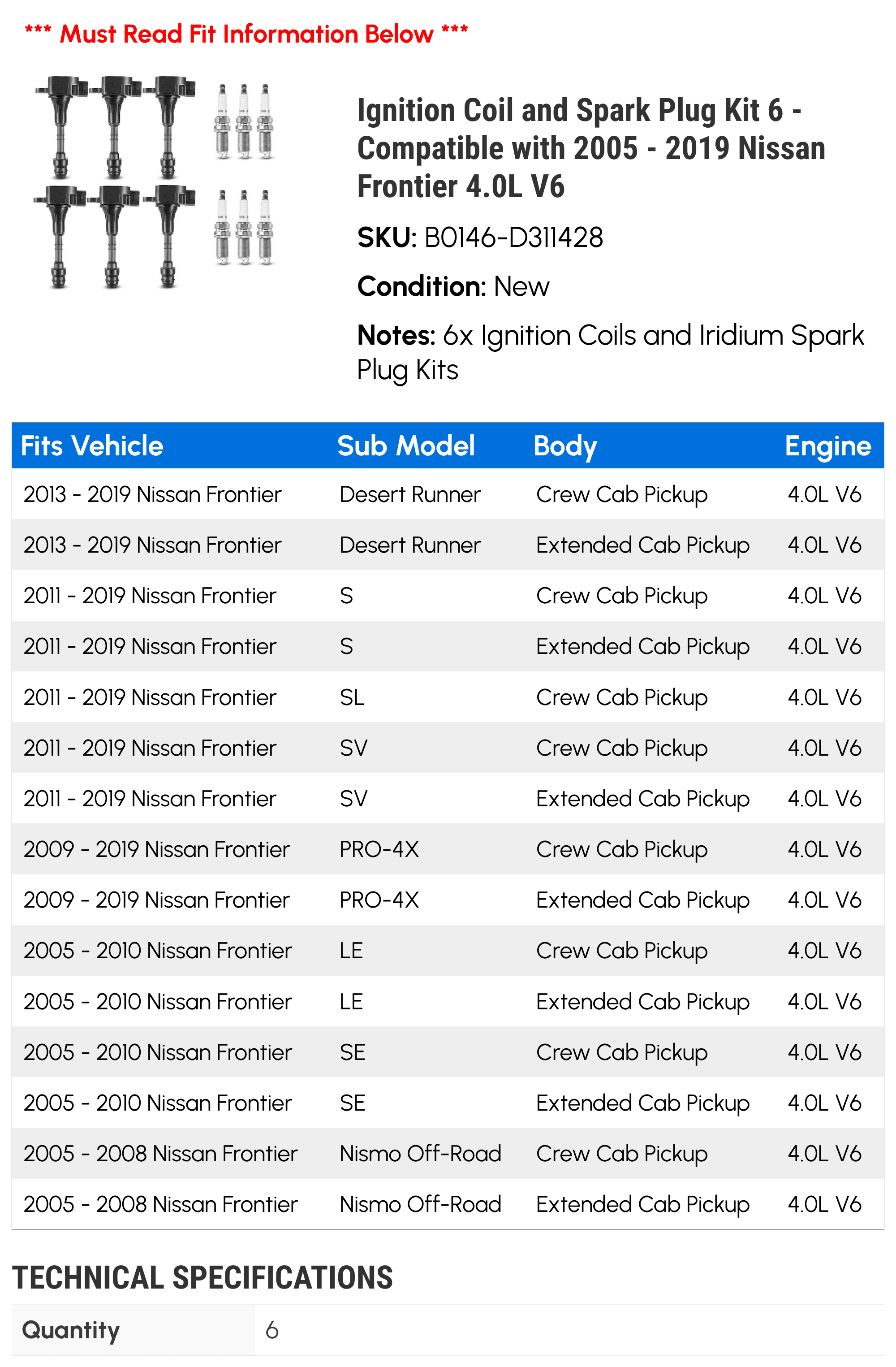 Ignition Coil and Spark Plug Kit 6 - Compatible with 2005 - 2019 Nissan Frontier 4.0L V6 - Autopart Premium