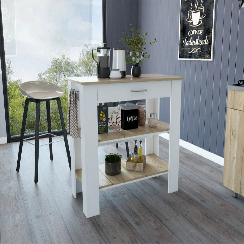 Dozza Kitchen Island 40 Inches,Two Shelves, White and Light Oak Finish