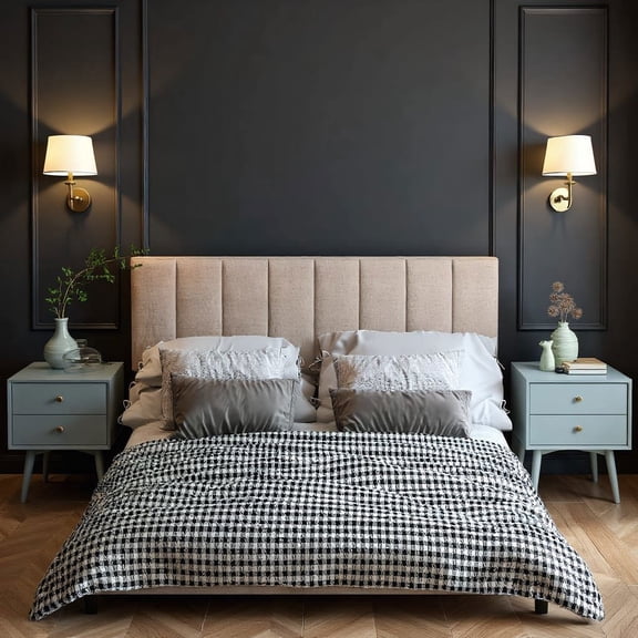 Barara King Headboard, Linen Upholstered Headboard with Solid Wood Legs and Adjustable Width for Full/Queen Size Bed-Beige