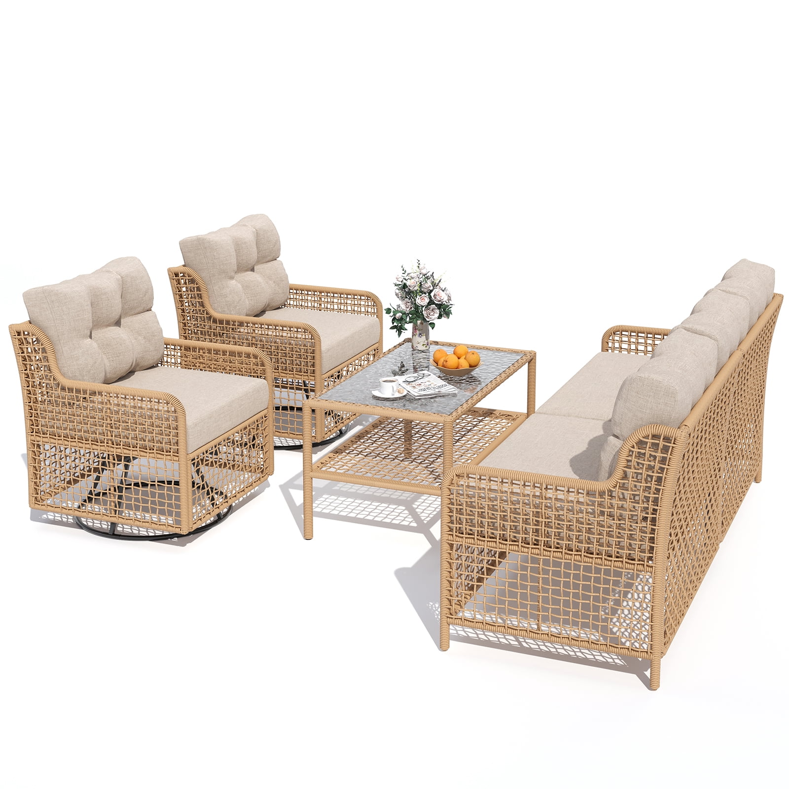 ELPOSUN 5-Seat Outdoor Patio Furniture Set, Wicker Rattan Outdoor Furniture Set with Swivel Chairs & All-Weather Thickened Cushions for Garden, Porch, Backyard, and Poolside, Beige
