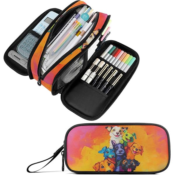 wonima02 Tower Of Cute Dogs Oil Painting Style Vibrant Color Pen Pencil Case Makeup Pouch Big Capacity Multi-Purpose Travel Bag Office Organizer with Zipper