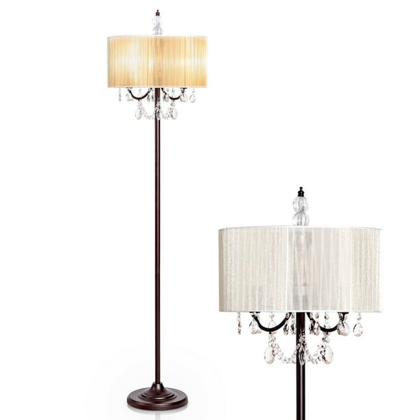 Gymax Elegant Design Sheer Shade Floor Lamp Light w Hanging Crystals LED Bulbs