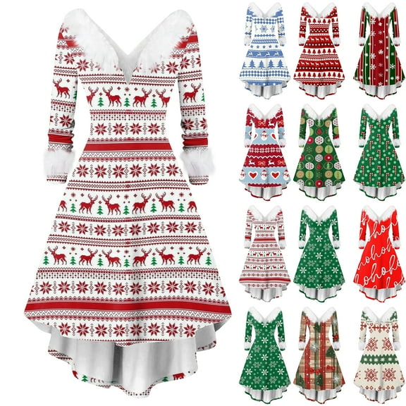 Christmas Dresses for Women Women's Fashion V-Neck Casual Slim Fit Christmas Print Furry Party Long Sleeve Dress for Festive Occasion,Blue,S