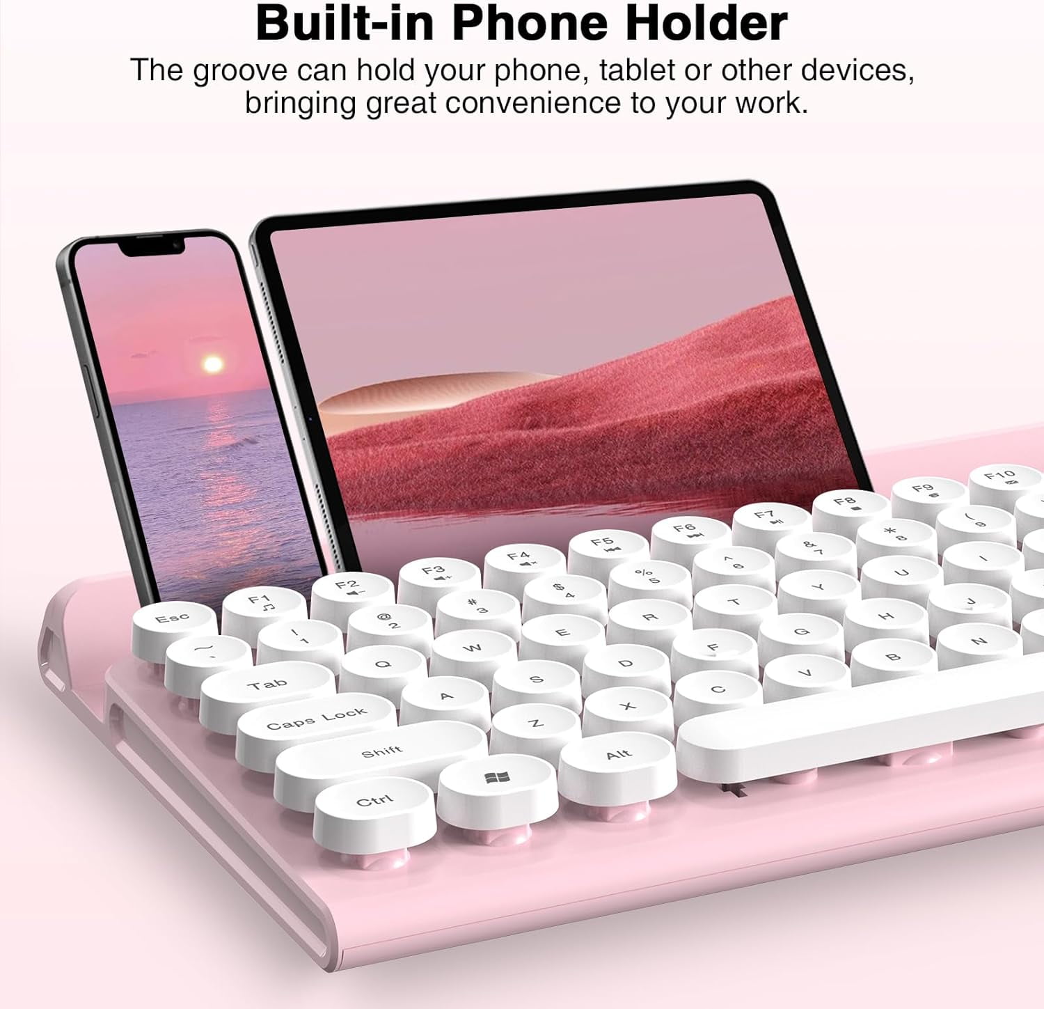 Wireless Keyboard and Mouse Combo, RaceGT Silent Keyboard Mouse Set, Retro Cute Typewriter Keyboard with Phone Tablet Holder, Round Keycaps, 2.4G Mouse Compatible with PC/Laptop/Computer(Pink)